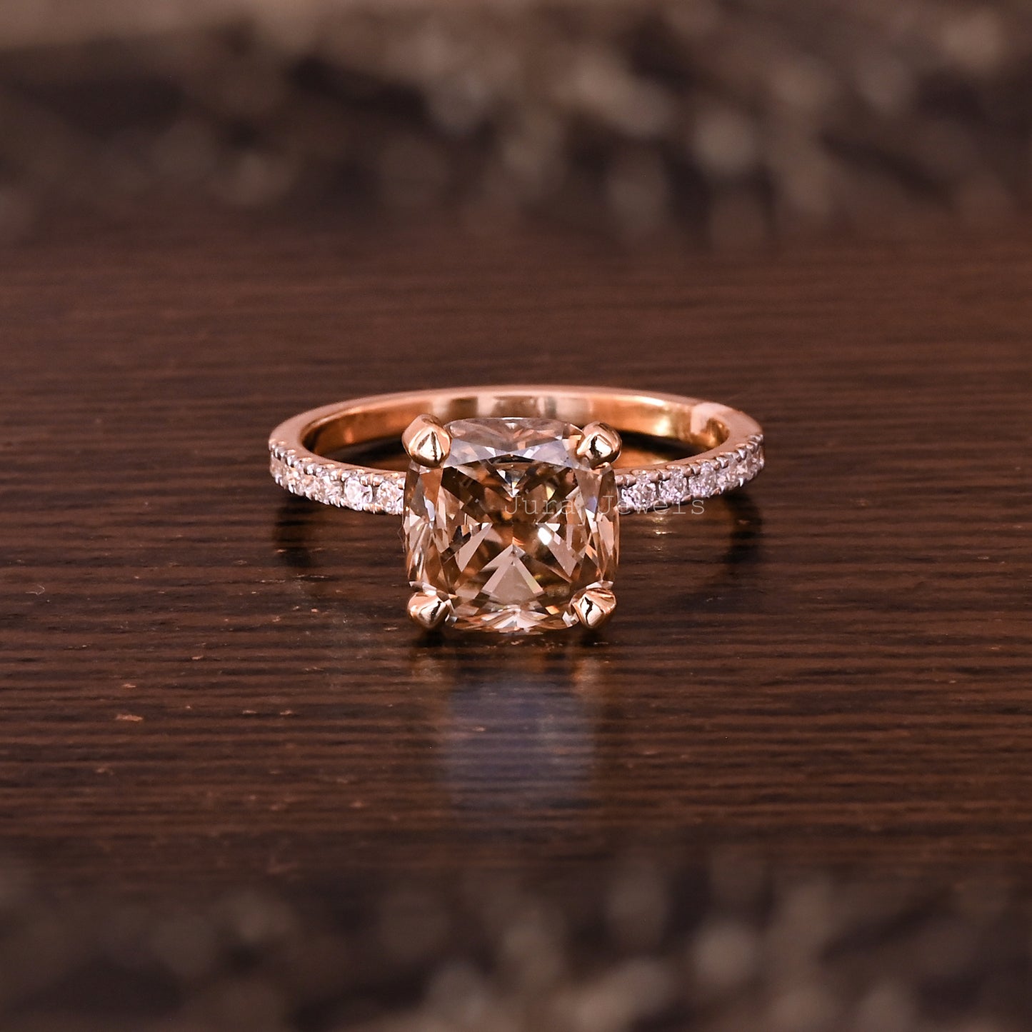 Unique Champange Hidden Halo Cushion Cut Engagement Ring