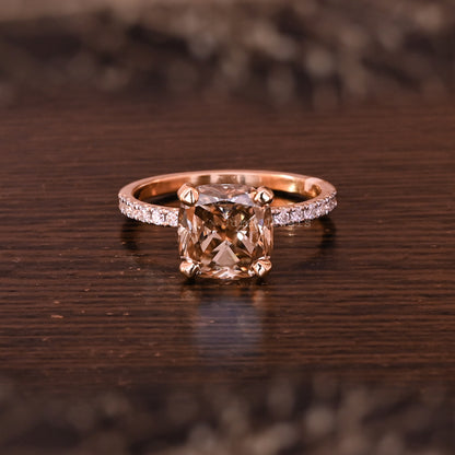 Unique Champange Hidden Halo Cushion Cut Engagement Ring