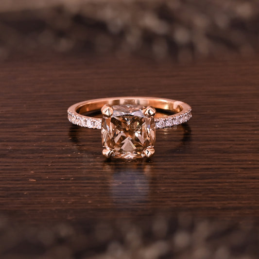 Unique Champange Hidden Halo Cushion Cut Engagement Ring