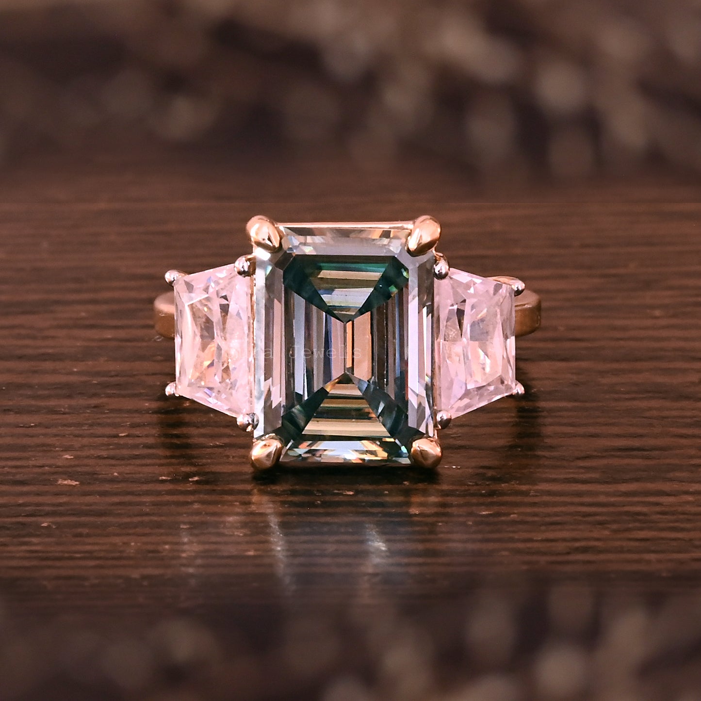 Three Stone Emerald Cut Moissanite Engagement Ring For Her