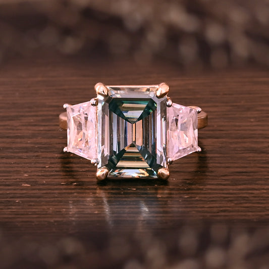 Three Stone Emerald Cut Moissanite Engagement Ring For Her