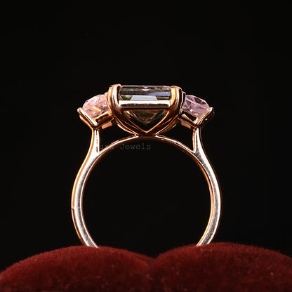 Three Stone Emerald Cut Moissanite Engagement Ring For Her