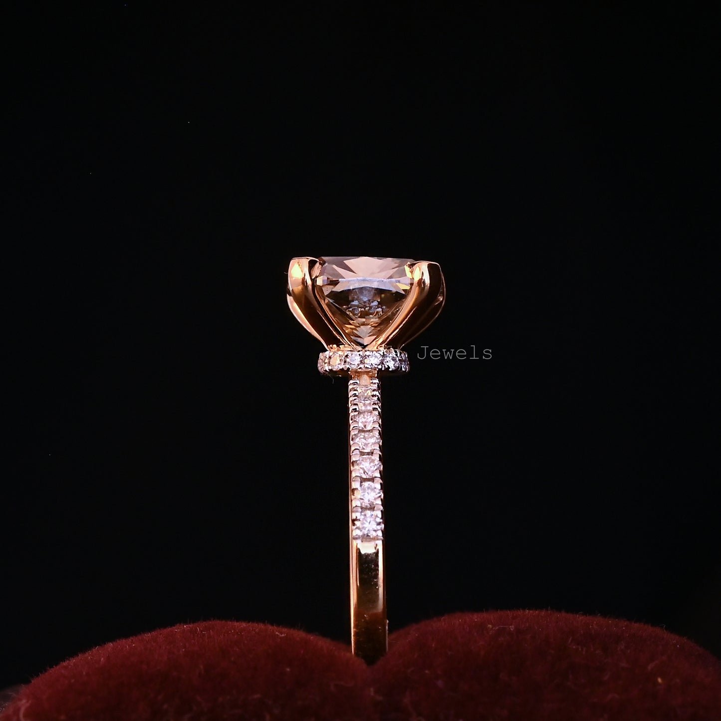 Unique Champange Hidden Halo Cushion Cut Engagement Ring