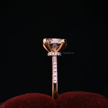 Unique Champange Hidden Halo Cushion Cut Engagement Ring
