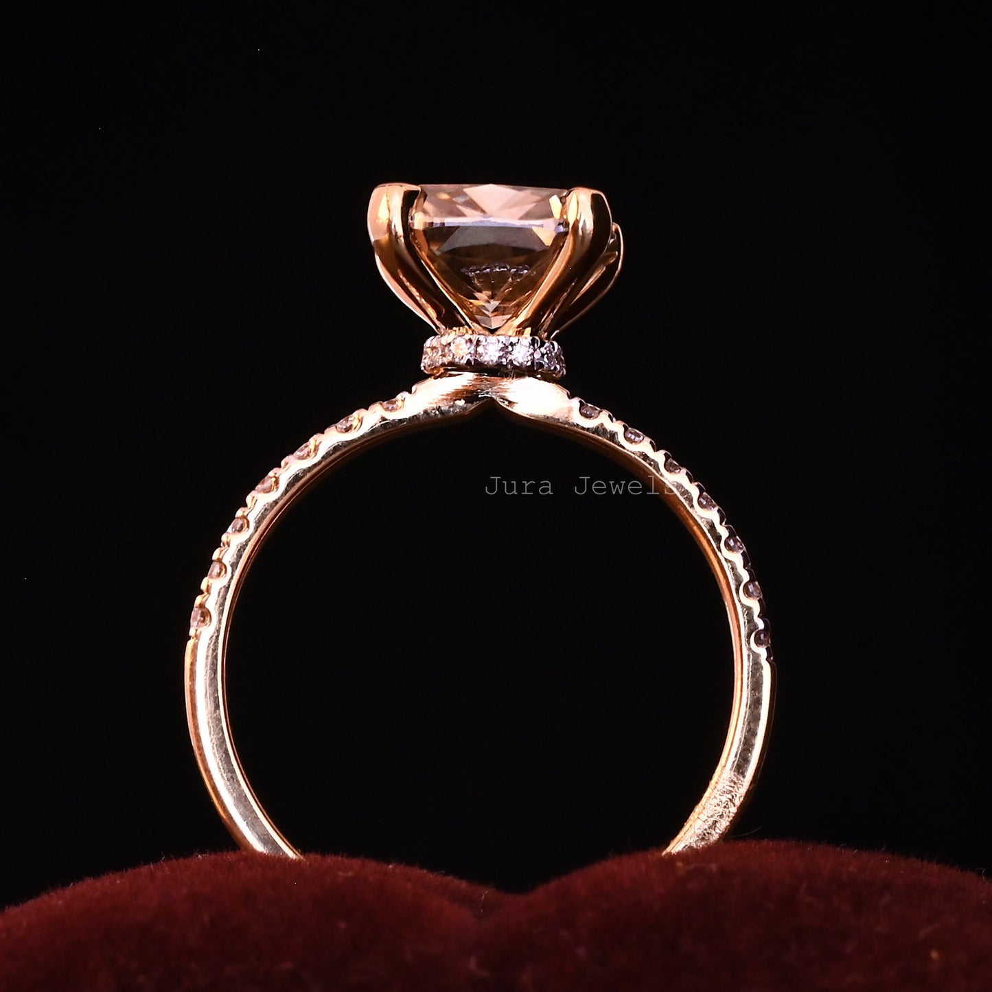 Unique Champange Hidden Halo Cushion Cut Engagement Ring