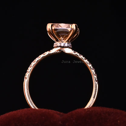 Unique Champange Hidden Halo Cushion Cut Engagement Ring