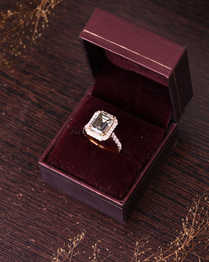 Halo Emerald Cut Moissanite Statement Ring For Her