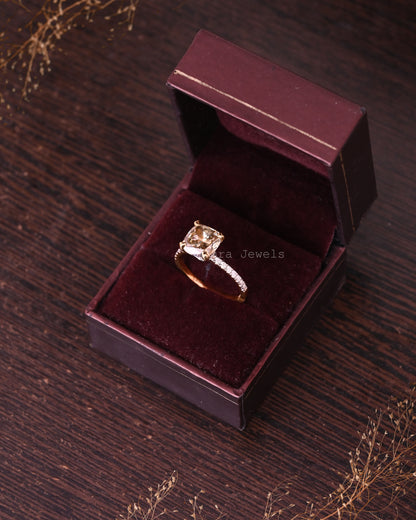 Unique Champange Hidden Halo Cushion Cut Engagement Ring