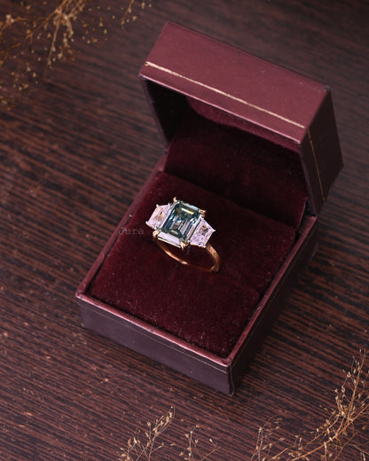 Three Stone Emerald Cut Moissanite Engagement Ring For Her