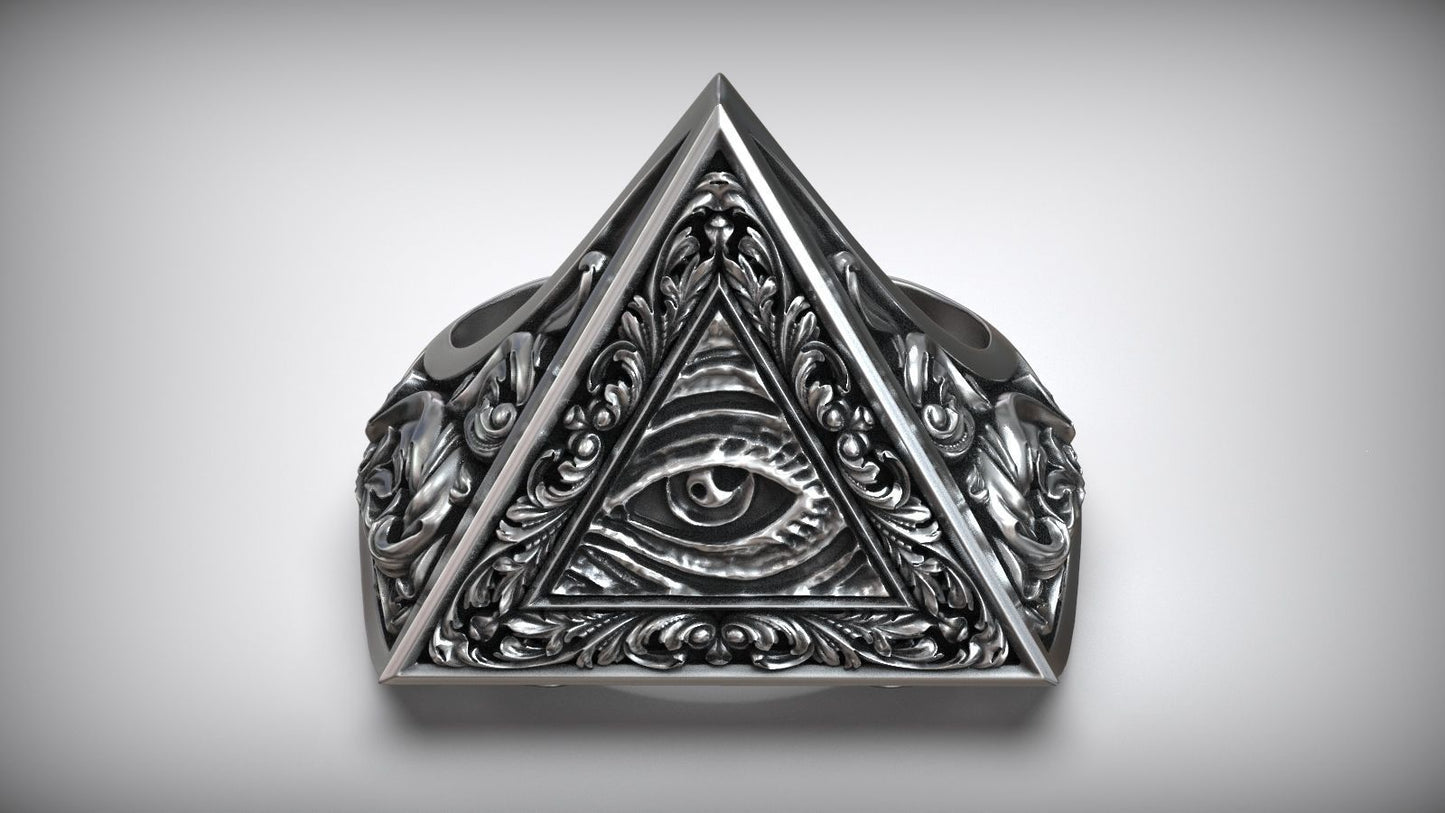Unique Engraving Eye Of Providence Illuminati Symbol Floral Ring