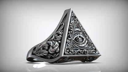 Unique Engraving Eye Of Providence Illuminati Symbol Floral Ring