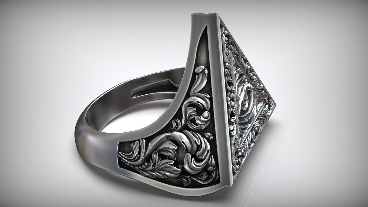 Unique Engraving Eye Of Providence Illuminati Symbol Floral Ring