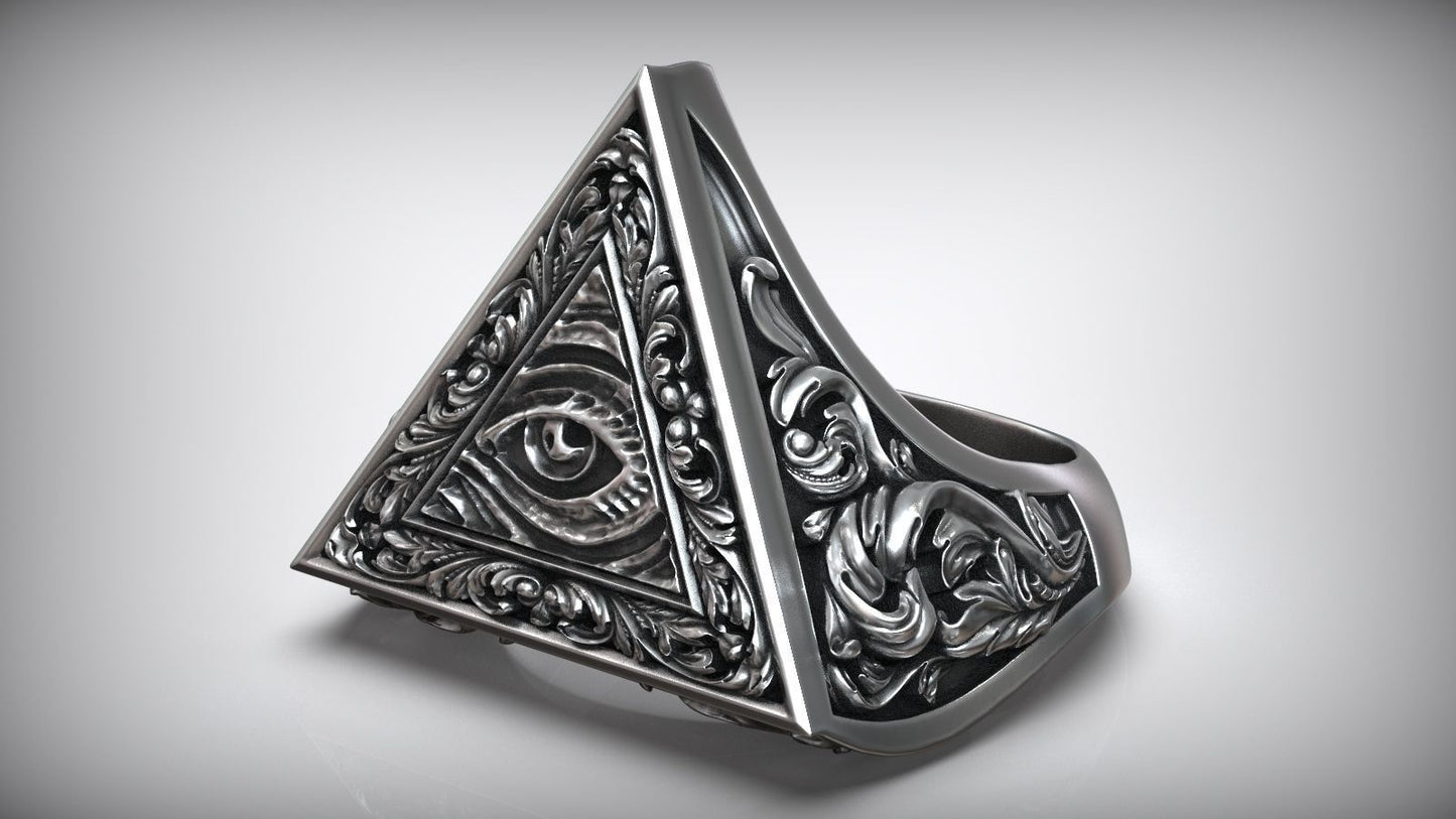Unique Engraving Eye Of Providence Illuminati Symbol Floral Ring