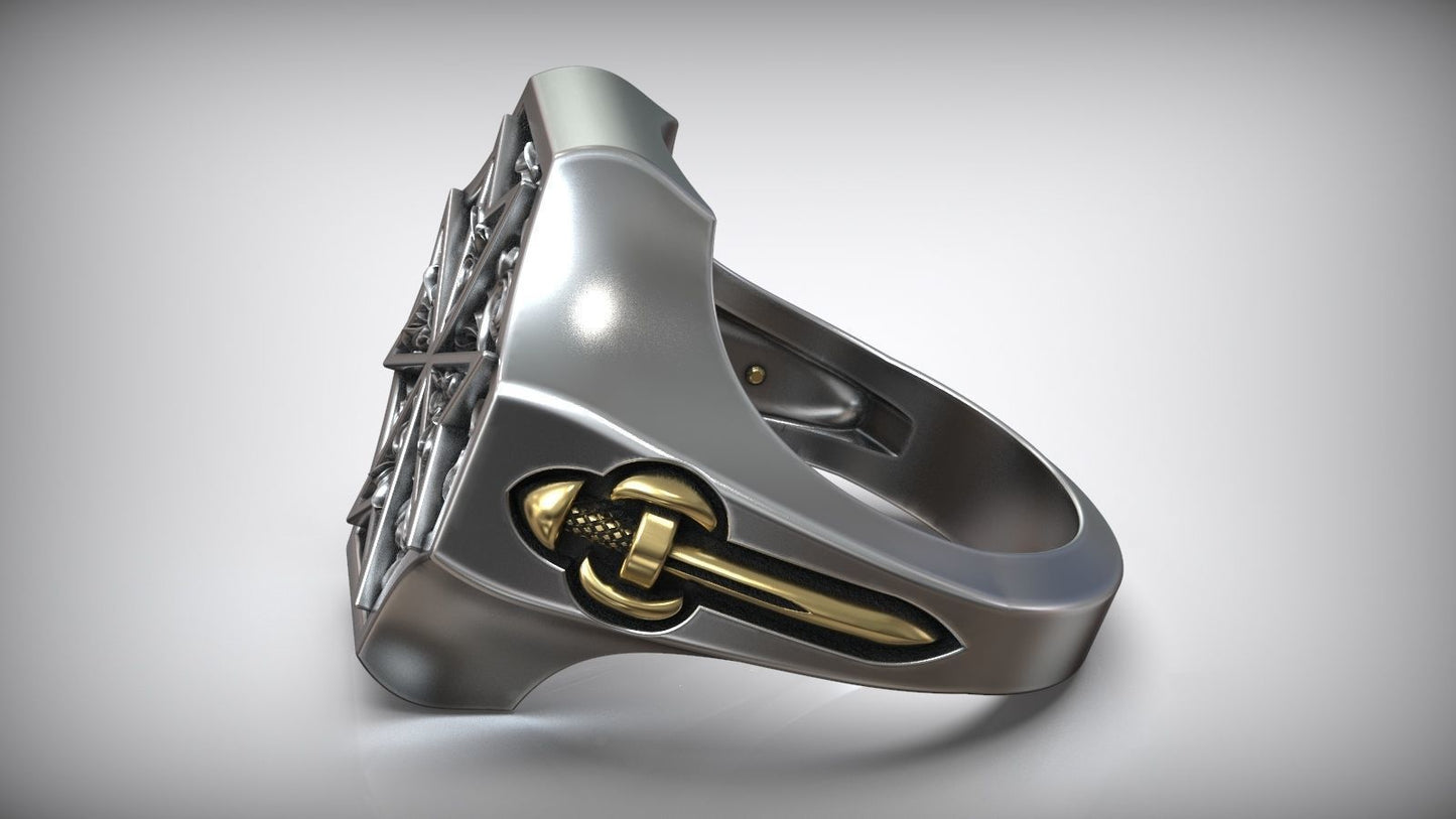 Unique Maltese Cross Sword Signet White Gold Dual Tone Ring