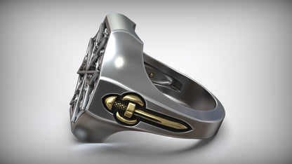Unique Maltese Cross Sword Signet White Gold Dual Tone Ring