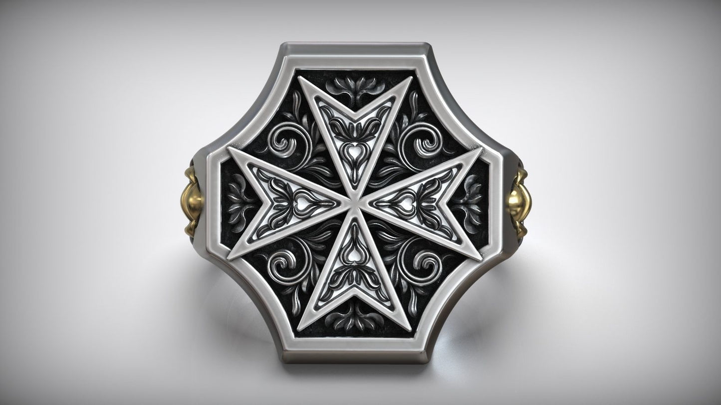 Unique Maltese Cross Sword Signet White Gold Dual Tone Ring