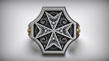 Unique Maltese Cross Sword Signet White Gold Dual Tone Ring