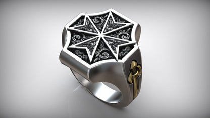 Unique Maltese Cross Sword Signet White Gold Dual Tone Ring