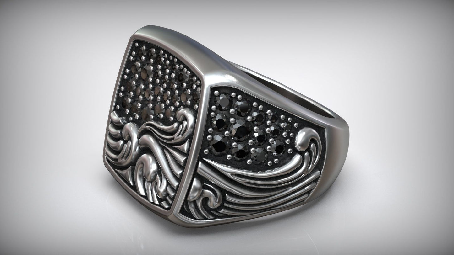 Ocean Waves Black Moissanite Diamond Signet Biker Ring