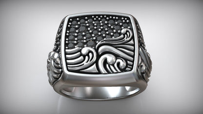 Ocean Waves Black Moissanite Diamond Signet Biker Ring