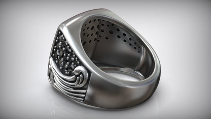 Ocean Waves Black Moissanite Diamond Signet Biker Ring