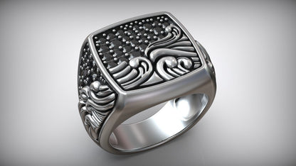 Ocean Waves Black Moissanite Diamond Signet Biker Ring