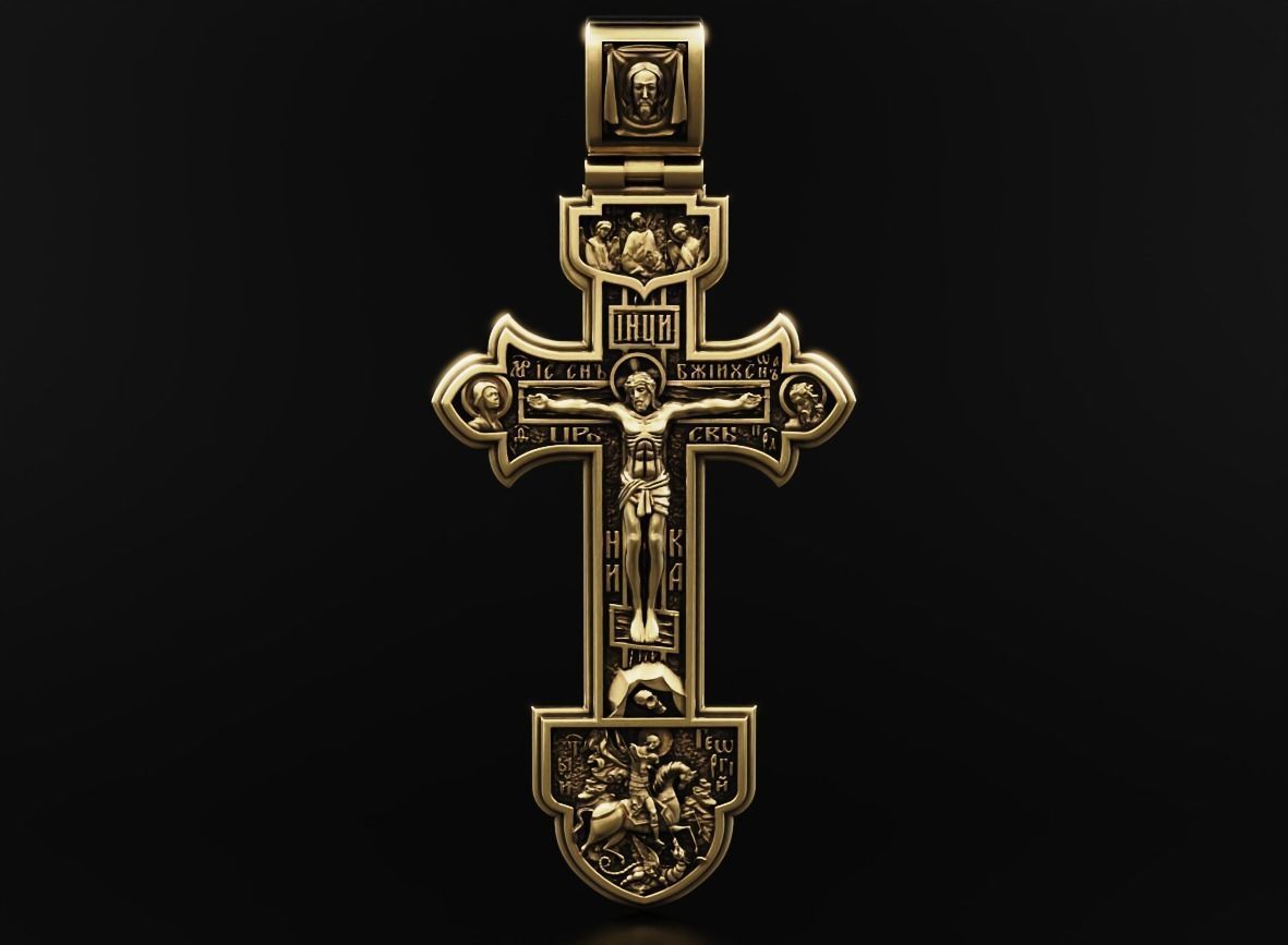 Rare Unique Gold Orthodox Cross With Savior And Saints Pendants