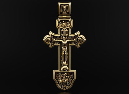 Rare Unique Gold Orthodox Cross With Savior And Saints Pendants