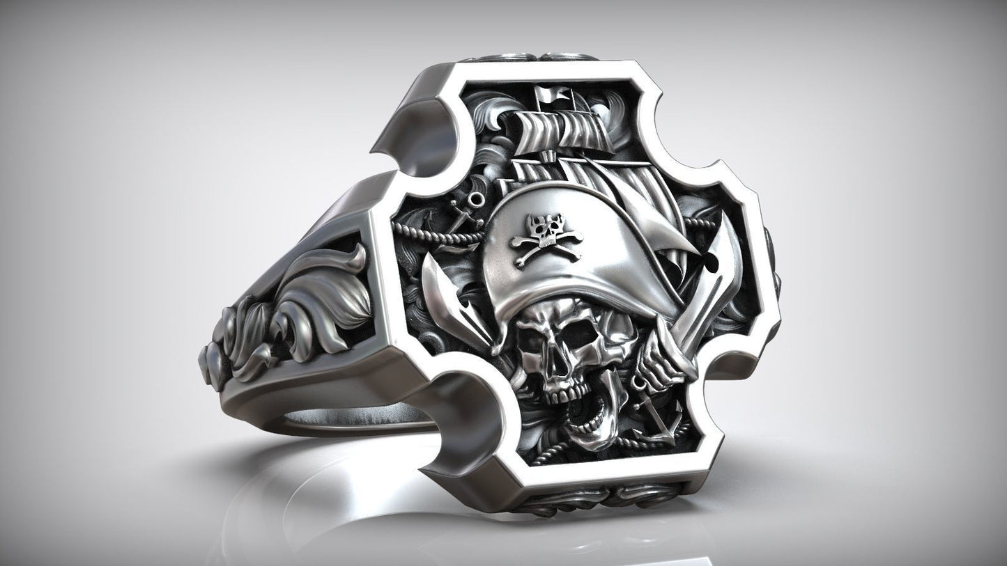Unique Matching Pirate Skull Jolly Roger Cross Anchor Signet Ring