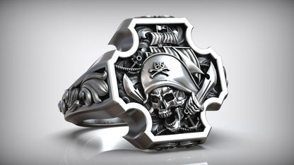 Unique Matching Pirate Skull Jolly Roger Cross Anchor Signet Ring