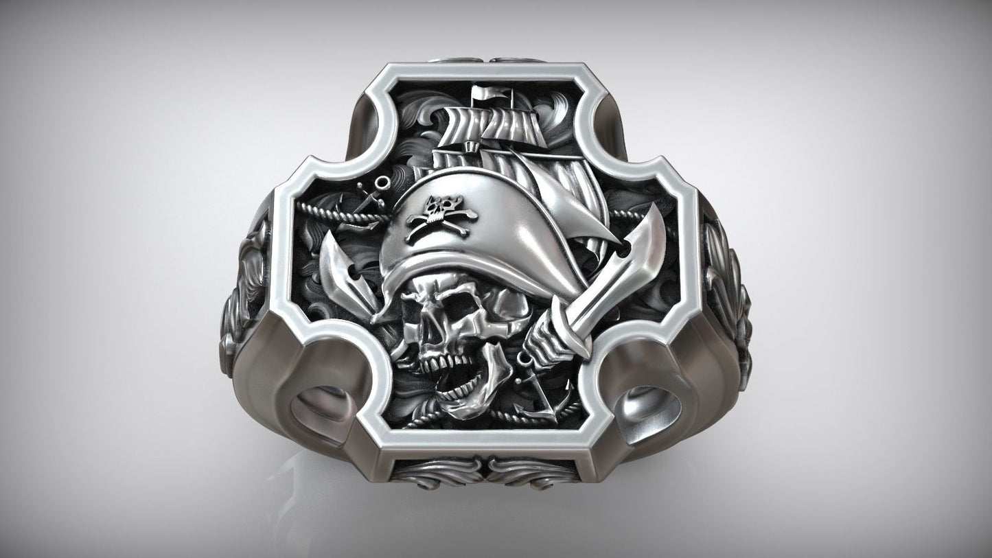 Unique Matching Pirate Skull Jolly Roger Cross Anchor Signet Ring