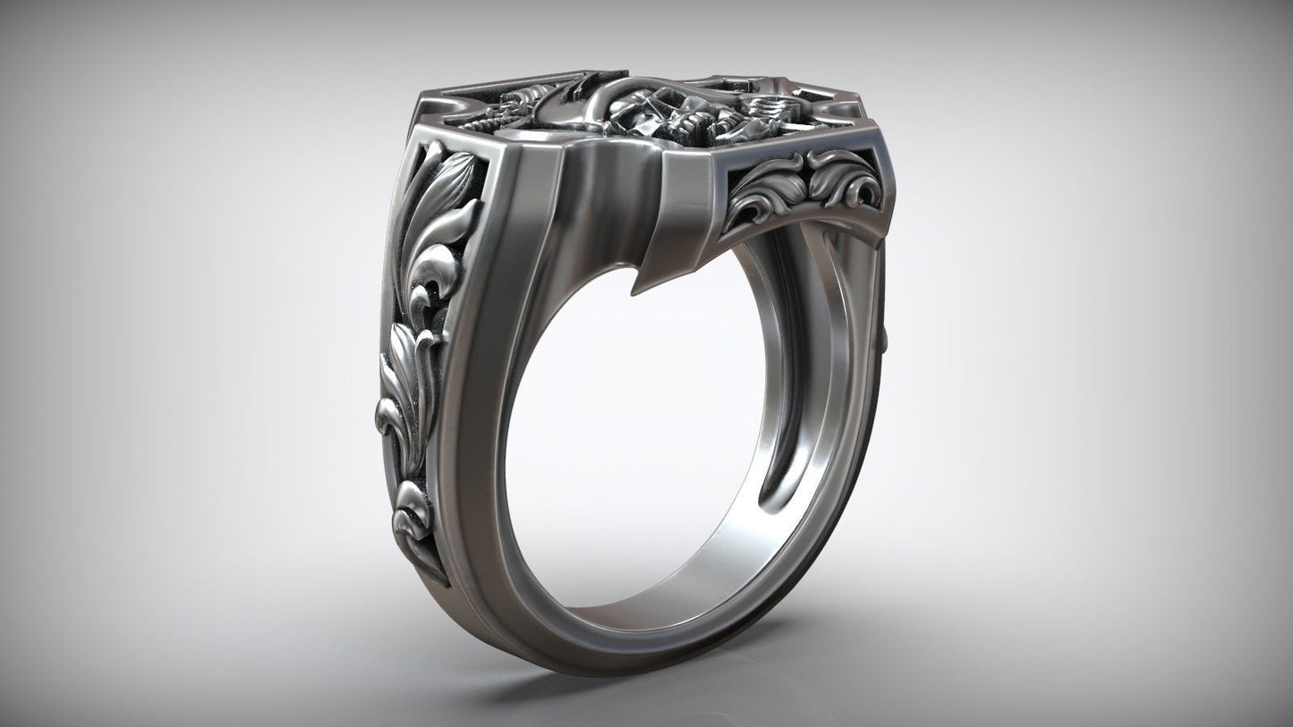 Unique Matching Pirate Skull Jolly Roger Cross Anchor Signet Ring