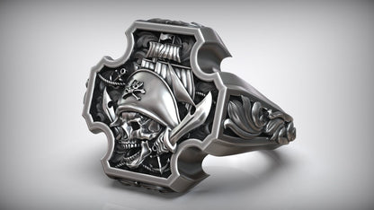 Unique Matching Pirate Skull Jolly Roger Cross Anchor Signet Ring