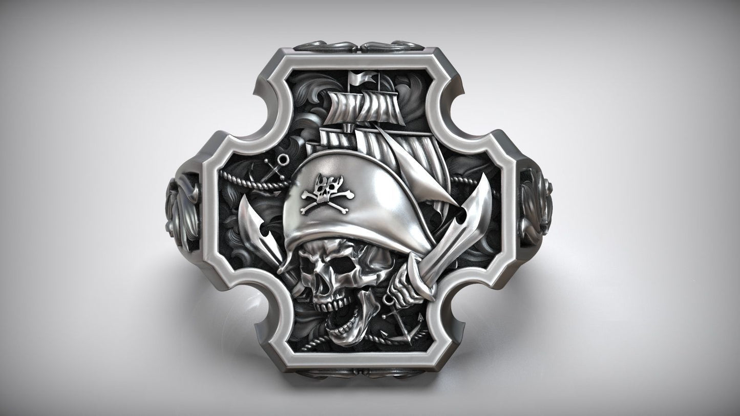 Unique Matching Pirate Skull Jolly Roger Cross Anchor Signet Ring