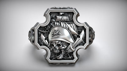 Unique Matching Pirate Skull Jolly Roger Cross Anchor Signet Ring