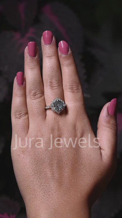 Halo Green Hexagon Cut Moissante Art Deco Wedding Band