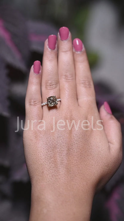 Unique Champange Hidden Halo Cushion Cut Engagement Ring