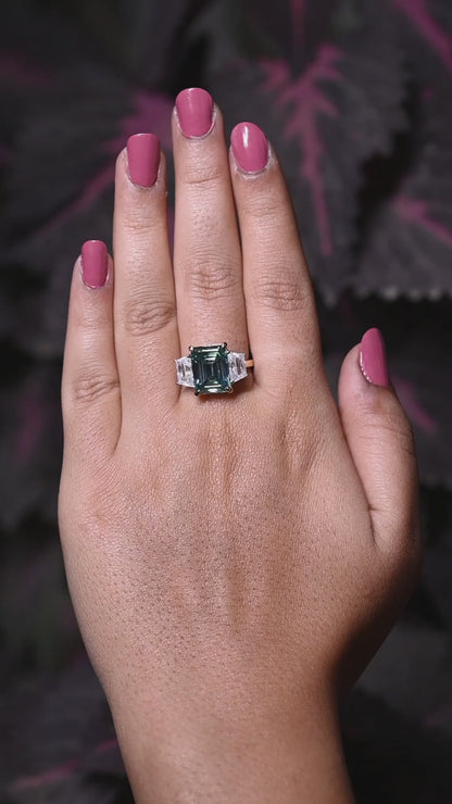Three Stone Emerald Cut Moissanite Engagement Ring For Her