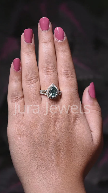 Elegance Halo Green Pear Step Cut Moissanite Split Wedding Ring