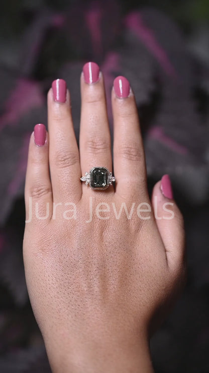 Bezel Green Emerald Cut Moissanite Engagement Ring