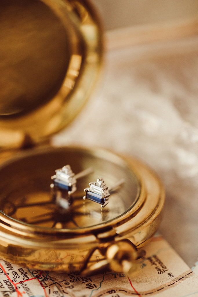 Three Stone Blue Baguette Moissanite Engagement Stud Earring For Wify