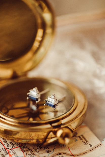 Three Stone Blue Baguette Moissanite Engagement Stud Earring For Wify