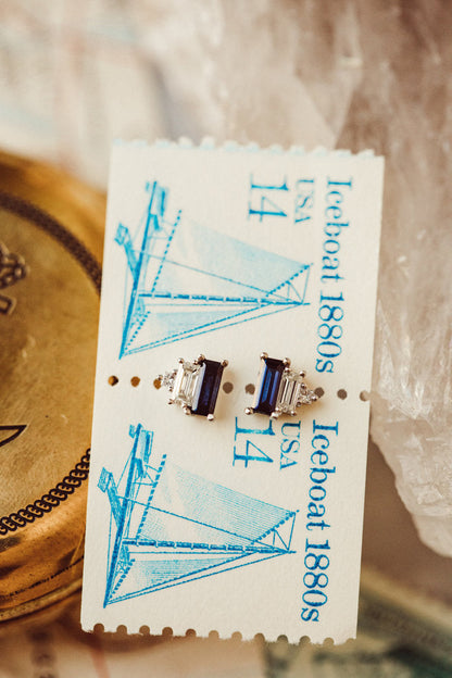 Three Stone Blue Baguette Moissanite Engagement Stud Earring For Wify