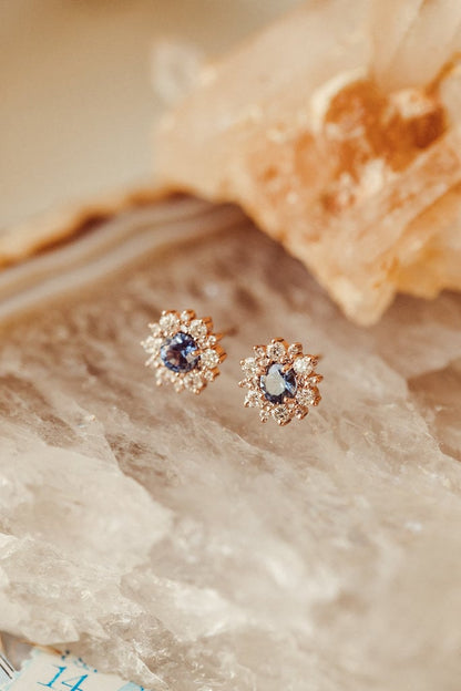 Halo Blue Round Cut Moissanite Engagement Stud Earrings