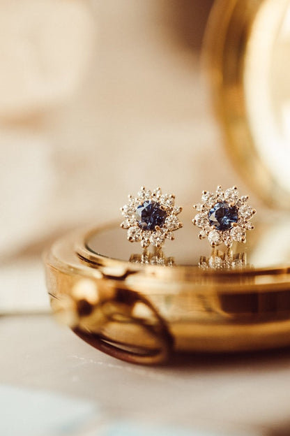 Halo Blue Round Cut Moissanite Engagement Stud Earrings