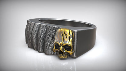 Handmade Signet Skull Cloth Men Blackend Gold Inlay Ring