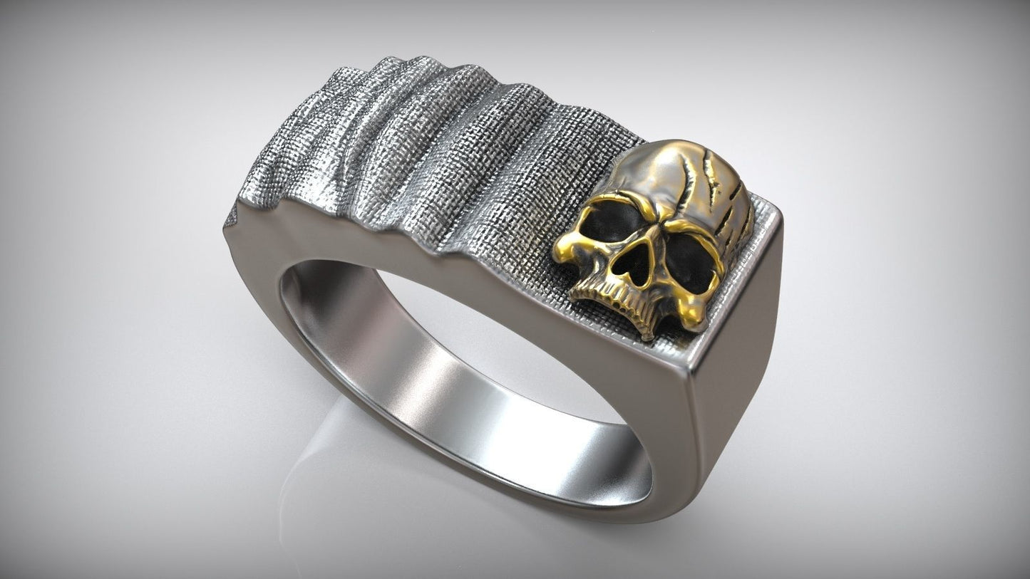 Handmade Signet Skull Cloth Men Blackend Gold Inlay Ring