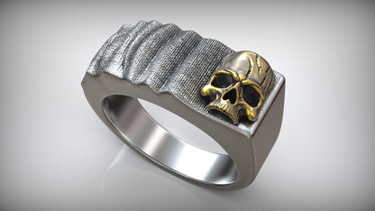 Handmade Signet Skull Cloth Men Blackend Gold Inlay Ring
