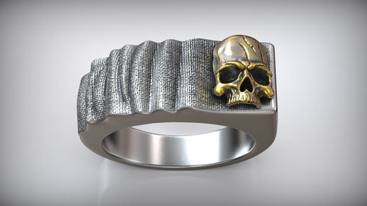 Handmade Signet Skull Cloth Men Blackend Gold Inlay Ring