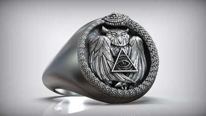 Snake Ouroboros Owl Eye Of Providence Masonic Ring